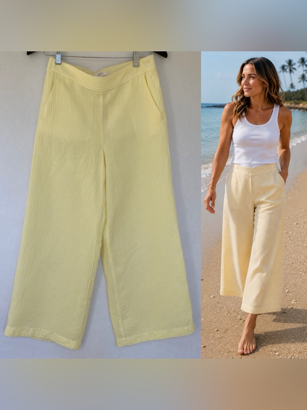 LOFT Linen Blend Wide Leg Cropped Pants Yellow Stripe Pull On Coastal XS